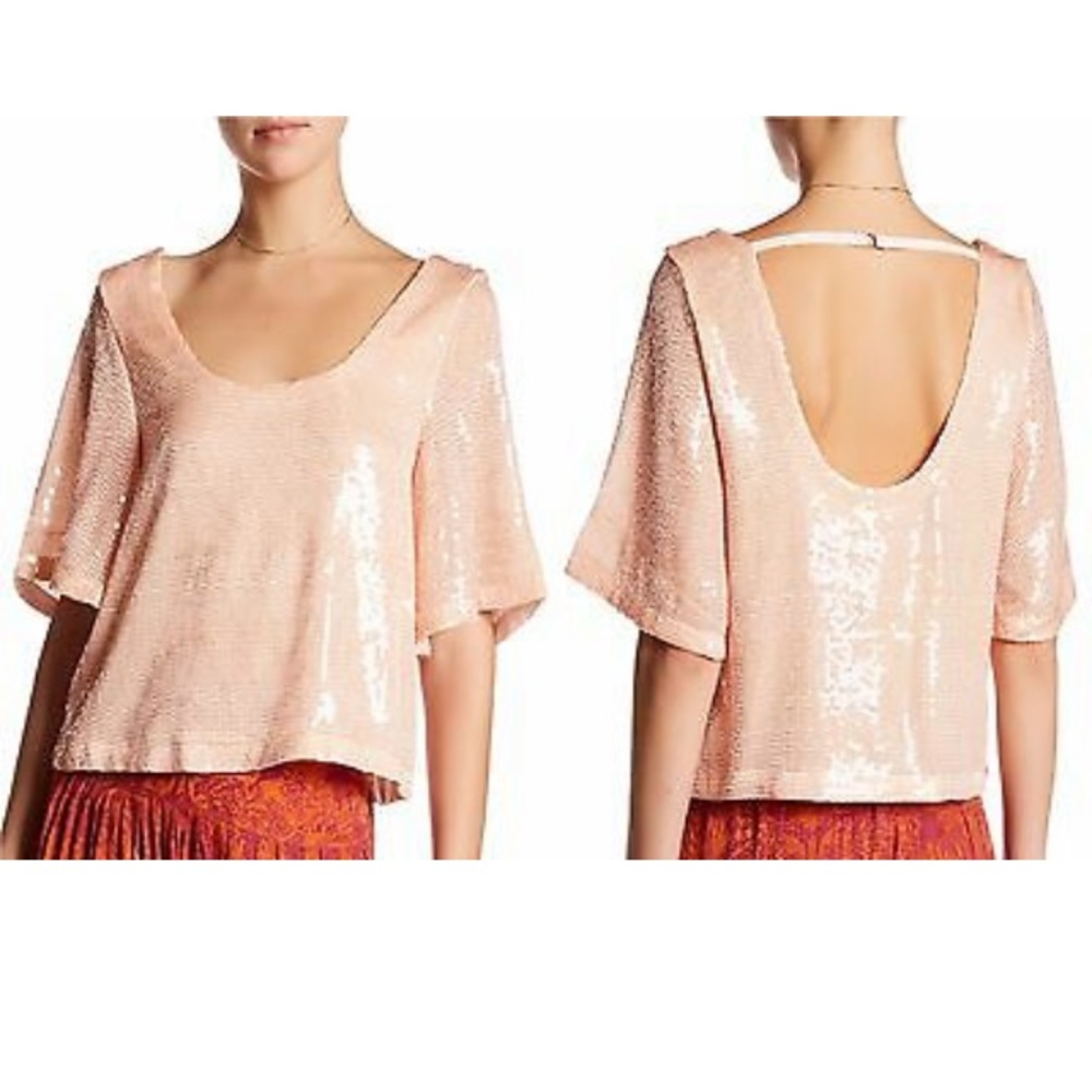 Free People Peach Pearl Sparkle Sequin Top